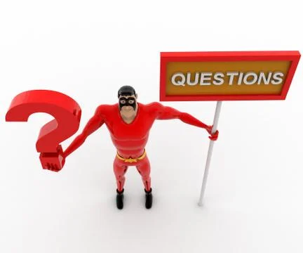 3d superhero with question mark in hand and sign board concept Stock Illustration