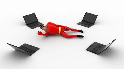 3d superhero resting between four laptops concept Stock Illustration