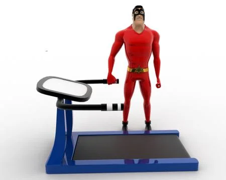 3d superhero with running track machine for exercise concept Stock Illustration