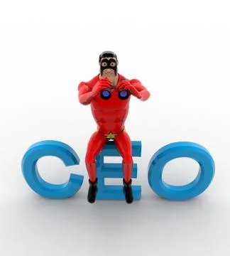3d superhero sitting on CEO text and searching using binocular concept Illustrazione stock