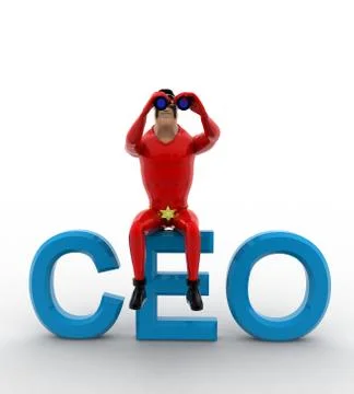 3d superhero sitting on CEO text and searching using binocular concept Illustrazione stock