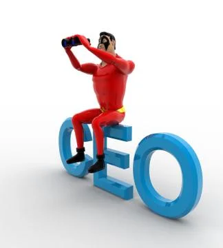 3d superhero sitting on CEO text and searching using binocular concept Stock Illustration