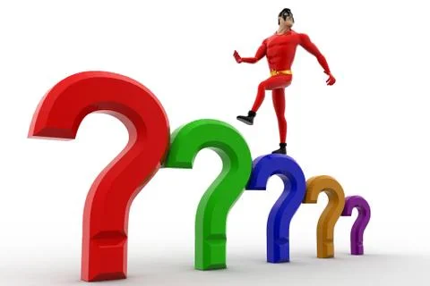 3d superhero  with stairs of question marks concept Stock Illustration