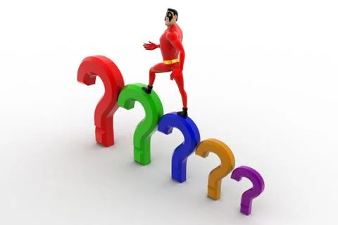 3d superhero  with stairs of question marks concept Stock Illustration