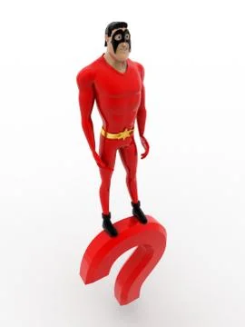 3d superhero standing on question mark concept Illustrazione stock