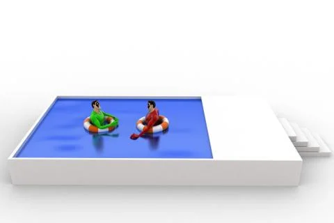 3d superhero swimming in pool with float and another superhero concept Illustrazione stock