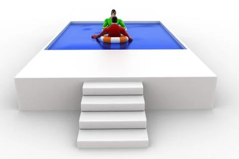 3d superhero swimming in pool with float and another superhero concept Illustrazione stock
