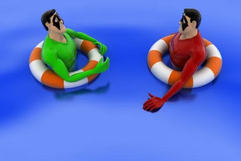 3d superhero swimming in pool with float and another superhero concept Stock Illustration