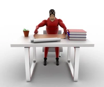 3d superhero on table with books and papers and working concept Stock Illustration