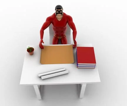 3d superhero on table with books and papers and working concept Stock Illustration