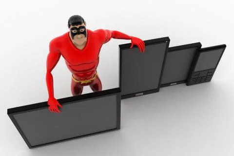 3d superhero  with tablet and touch phones concept Stock Illustration