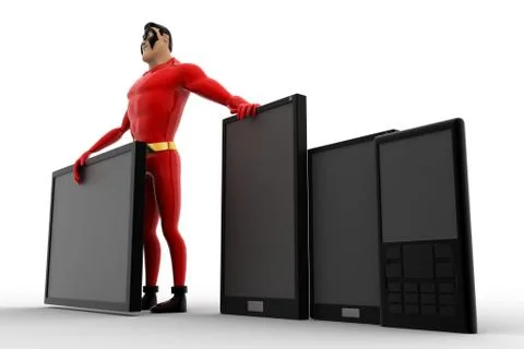 3d superhero  with tablet and touch phones concept Stock Illustration
