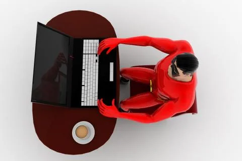 3d superhero using laptop in a circular table concept Stock Illustration