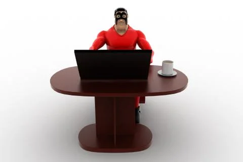 3d superhero using laptop in a circular table concept Stock Illustration