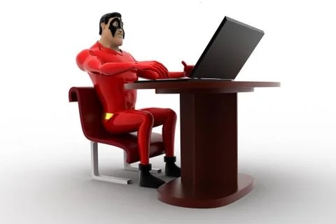 3d superhero using laptop in a circular table concept Stock Illustration