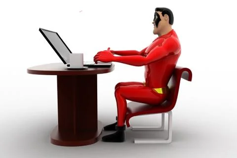 3d superhero using laptop in a circular table concept Stock Illustration
