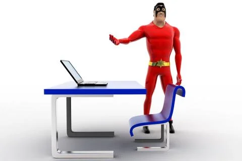 3d superhero working on laptop on office table concept Stock Illustration