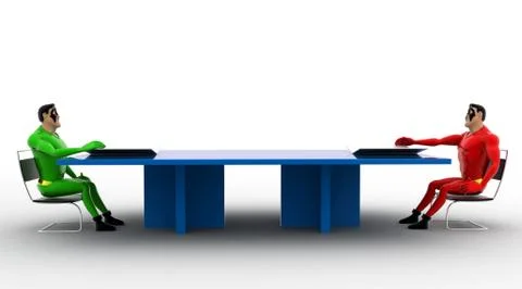 3d superheros having conversation in between a table concept Stock Illustration