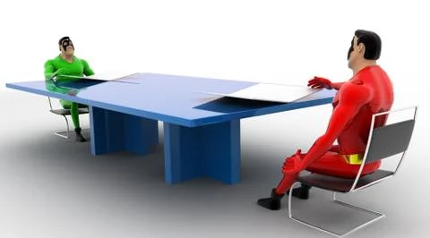 3d superheros having conversation in between a table concept Stock Illustration