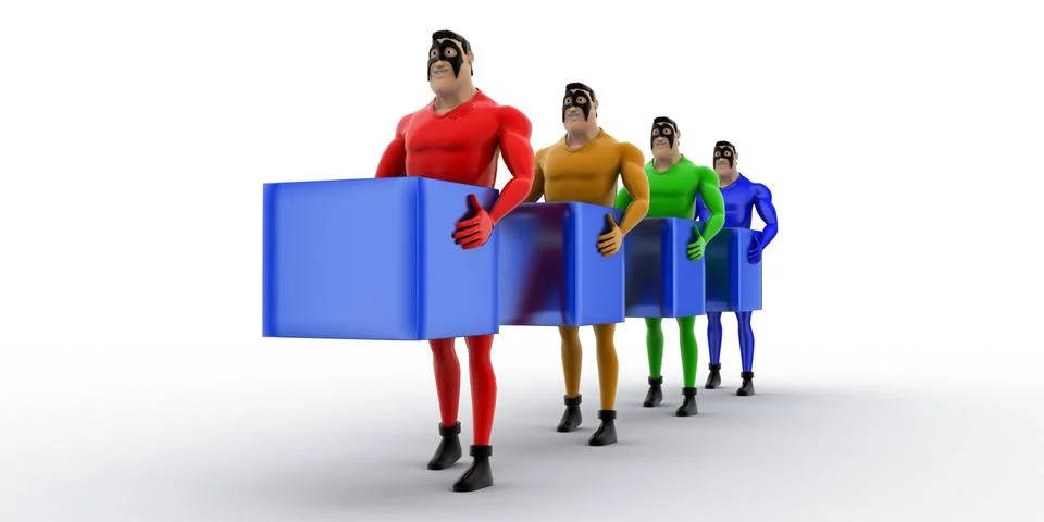 3d superheros in queue and holding square cubes concept Stock Illustration