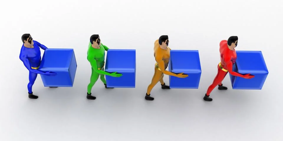 3d superheros in queue and holding square cubes concept Stock Illustration