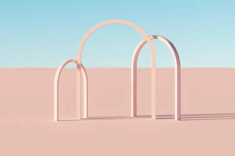 3d surreal presentation pink flat landscape background with three arches Stock Illustration