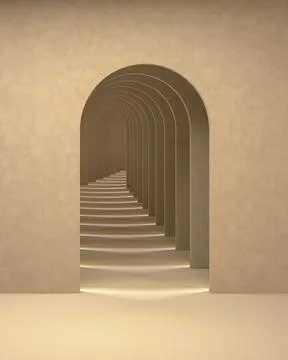 3d Surreal Render, Abstract Arch Tunnel Scene for Product Display. Stock Illustration