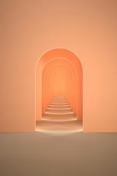 3d surreal render. Abstract arch tunnel peach fuzz color vertical background. Stock Illustration