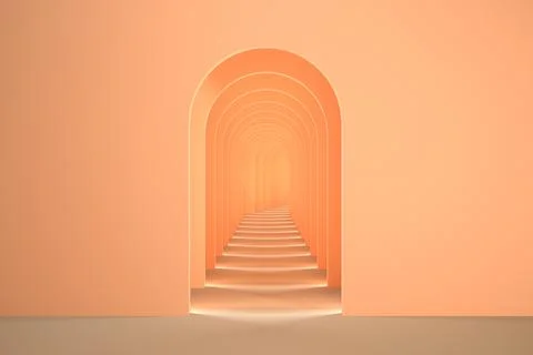 3d surreal render. Abstract arch tunnel peach fuzz color vertical background. Illustrazione stock