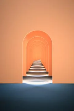 3d surreal render. Abstract arch tunnel peach fuzz color vertical background. Illustrazione stock