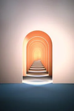 3d surreal render. Abstract arch tunnel peach fuzz color vertical background. Illustrazione stock
