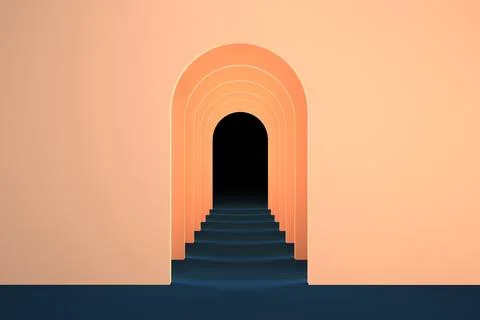 3d surreal render. Abstract arch tunnel peach fuzz color vertical background. Illustrazione stock