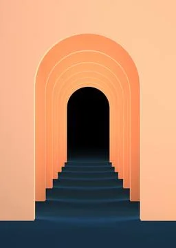 3d surreal render. Abstract arch tunnel peach fuzz color vertical background. Stock Illustration