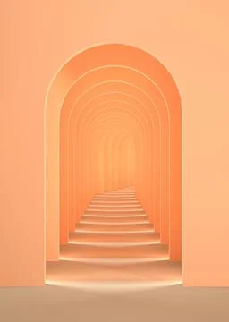 3d surreal render. Abstract arch tunnel peach fuzz color vertical background. Stock Illustration