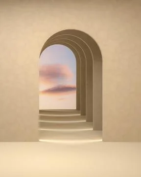 3d surreal render of an empty room with archs and pastel toned clouds. Stock Illustration