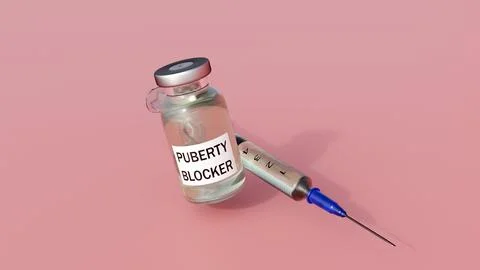 A 3d syringe paired with a labeled puberty blocker vial. Stock Illustration