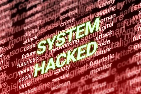 3D system hacked word on technology related words Illustrazione stock
