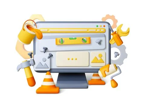 3d system update concept. Computer monitor and repair tools. Digital device Stock Illustration