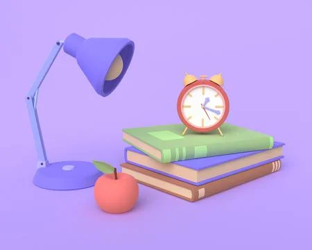 3D table lamp, pile of books, clock, apple. 3D rendering Illustrazione stock