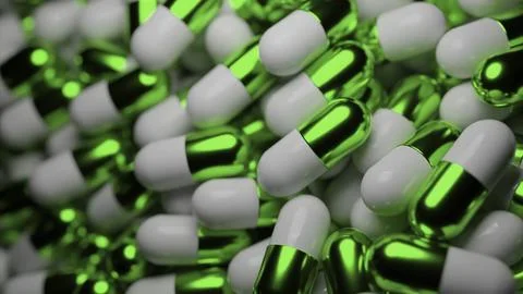 3D tablets move in heap. Design. Shiny parts of tablets in moving stream. Lots Stock Illustration