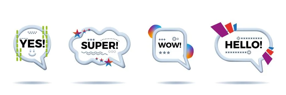 3d talk balloon bubbles for idea, speech or comment frame. Wow dialogue messages Illustrazione stock