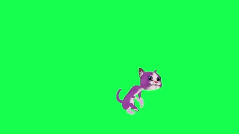 A 3D talking purple cat jumps over a wall from a opposite angle on a green 스톡 동영상 247973683
