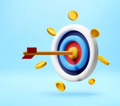 3D Target with arrow and floating gold coins. Stock Illustration