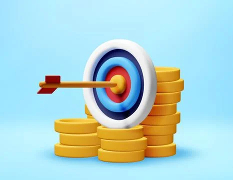 3D target with arrow hitting center on gold coins Illustrazione stock