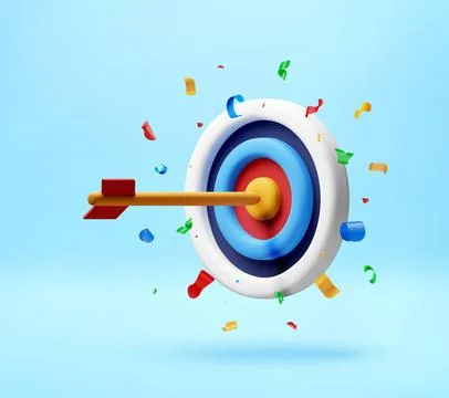3D target with arrow hitting in falling confetti. Stock Illustration