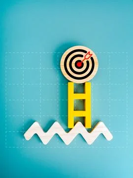 3d Target icon on round wood badge on top of yellow ladder on zigzag line, .. Stock Illustration