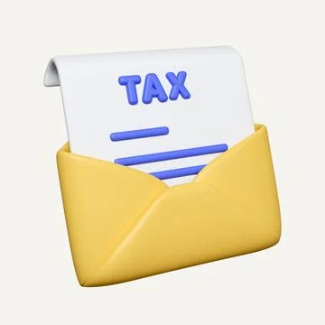 3D Tax document in envelope. Cartoon design icon isolated on white background Stock Illustration