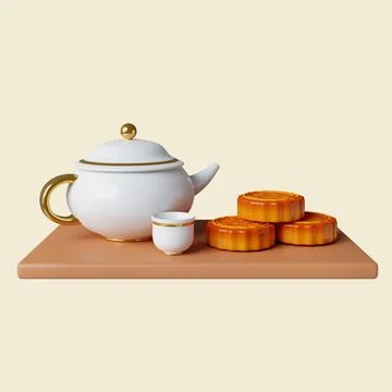 3d tea and mooncake set. Mid autumn festival. icon isolated on yellow background Stock Illustration