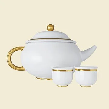 3d tea set. Mid autumn festival. icon isolated on yellow background. 3d Stock Illustration