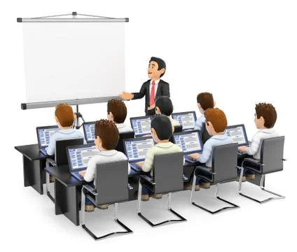 3D Teacher lecturing to students with laptops Illustrazione stock